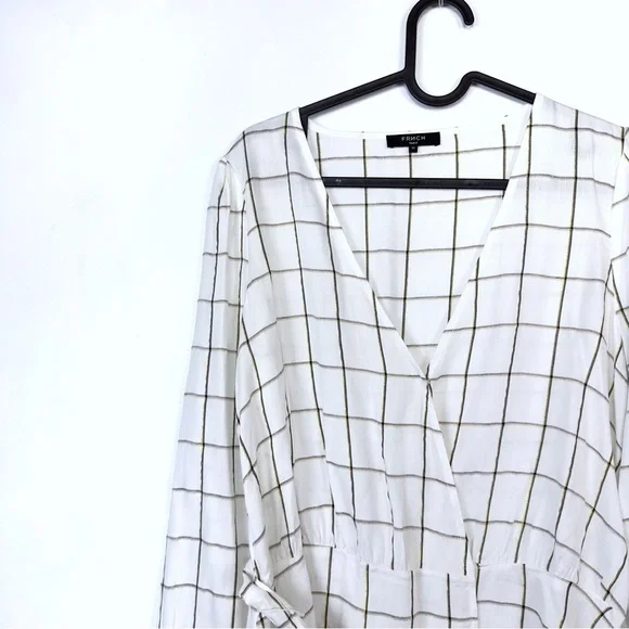 FRNCH Women’s Window Pane Plaid Print Wrap Long Sleeves V- Neck Top White Size M - Picture 3 of 11